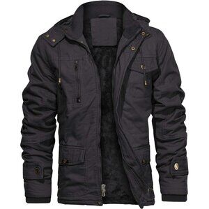 Mens Gray Thick Winter Jacket Hooded Fleece Lined Cotton Military Coat